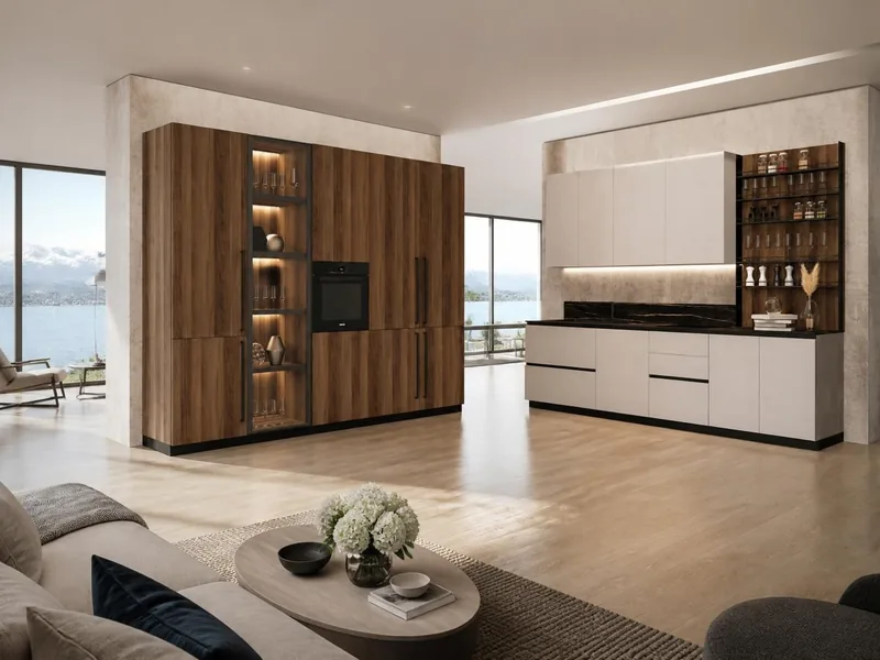 Cuisine Ambra : deux murs : colonnes décor noyer avec vitrine éclairée, meubles beige technologie soft touch anti-traces de doigts, plan en grès cérame noir ; électroménager en option
