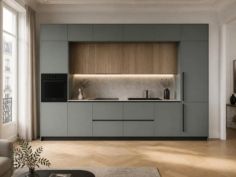 Cuisine Bosco : linéaire, façades vert poudré technologie soft touch anti-traces de doigts, éléments hauts décor noyer, plan en grès cérame ; électroménager en option