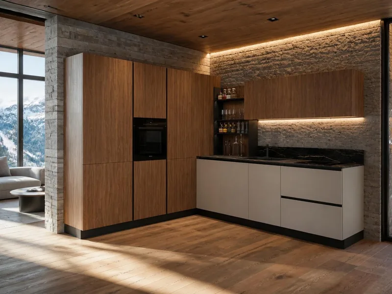 Cuisine Cacao : cuisine en L, colonnes décor noyer américain, meubles bas beige technologie soft touch anti-traces de doigts, plan en grès cérame noir ; électroménager en option