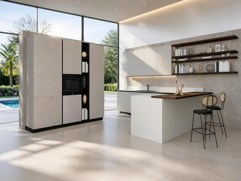 Cuisine Cemento : deux murs : colonnes effet béton, meubles bas gris pierre technologie soft touch anti-traces de doigts, étagères décor noyer, plan en grès cérame blanc ; électroménager en option