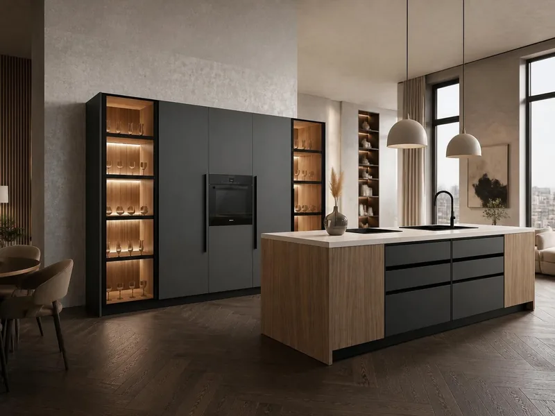 Cuisine Cenere : îlot décor noyer et gris foncé, colonnes mates avec vitrines éclairées, plan en grès cérame ; électroménager en option