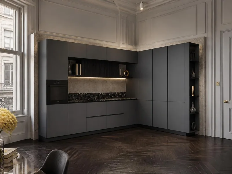 Cuisine Lava : cuisine en L, façades mates gris foncé, niche décor chêne, plan effet marbre noir ; électroménager en option