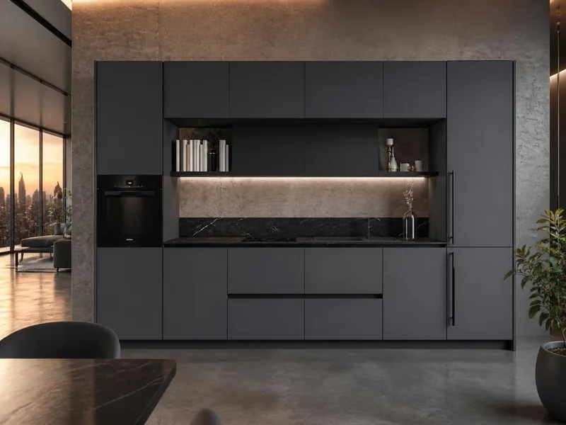 Cuisine Lavagna : linéaire, façades gris ardoise et noir technologie soft touch anti-traces de doigts, plan en grès cérame effet marbre noir ; électroménager en option