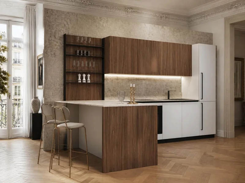 Cuisine Luna : péninsule décor noyer, meubles blancs mats, plan effet pierre ; électroménager en option