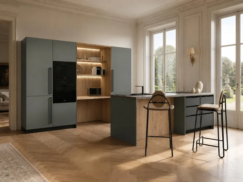 Cuisine Muschio : îlot et colonnes vert poudré, façades technologie soft touch anti-traces de doigts, coin bureau décor chêne, plan effet pierre ; électroménager en option