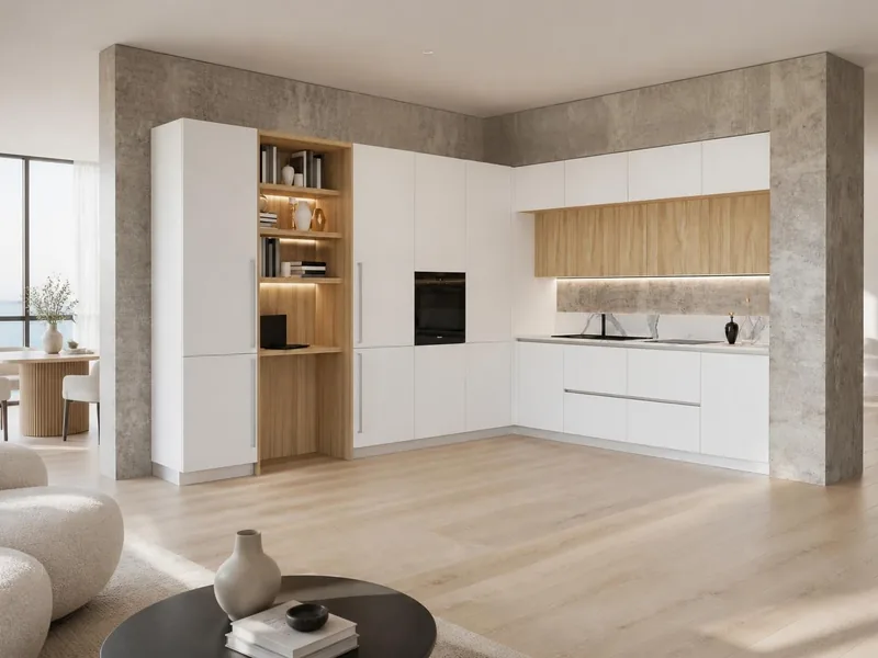 Cuisine Nordica : cuisine en L, façades blanches technologie soft touch anti-traces de doigts, coin bureau décor chêne clair, plan en grès cérame effet marbre ; électroménager en option