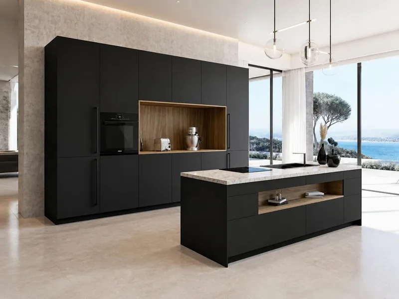 Cuisine Notte : îlot et colonnes noirs, façades technologie soft touch anti-traces de doigts, niche décor noyer, plan effet pierre ; électroménager en option
