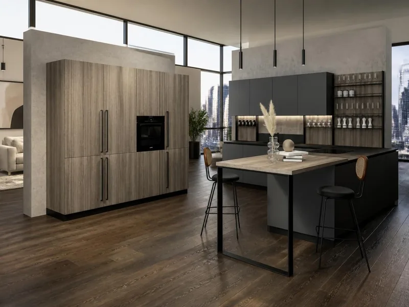 Cuisine Ombra : deux murs avec table : façades gris ardoise technologie soft touch anti-traces de doigts, colonnes décor eucalyptus fumé, plan en grès cérame ; électroménager en option
