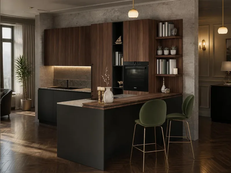 Cuisine Onice : péninsule, façades noires technologie soft touch anti-traces de doigts, colonnes et plan décor noyer ; électroménager en option