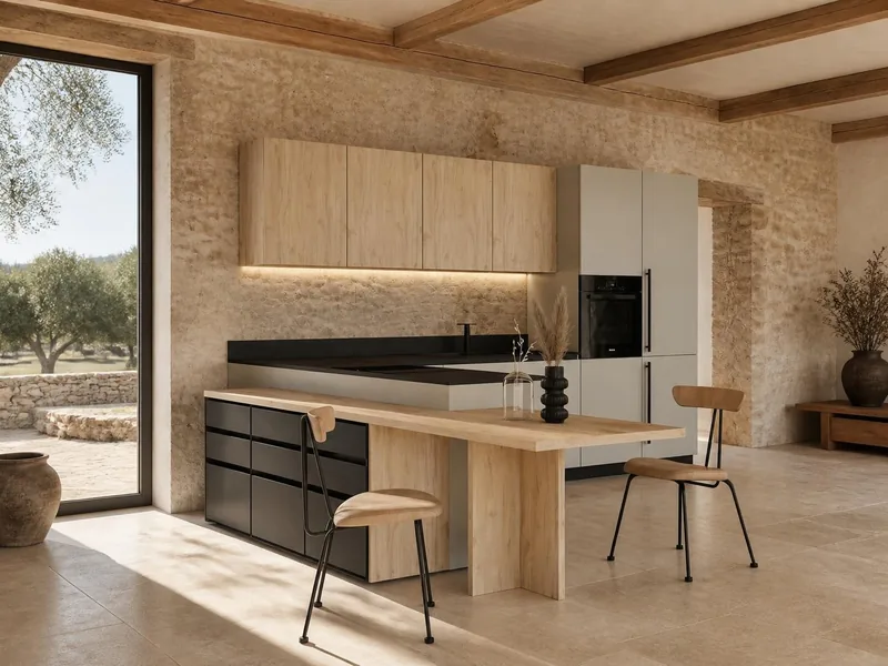 Cuisine Pietra : péninsule avec table, façades gris pierre technologie soft touch anti-traces de doigts, éléments décor chêne clair, plan en grès cérame ; électroménager en option
