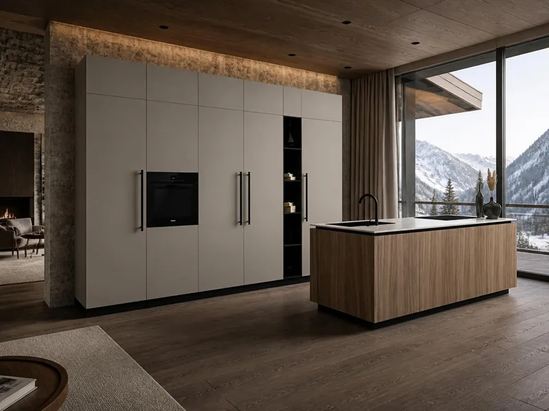 Cuisine Sabbia : îlot décor noyer américain, colonnes mates taupe, plan en grès cérame ; électroménager en option