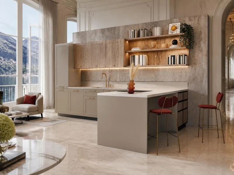 Cuisine Visone : péninsule, façades mates taupe, éléments hauts décor chêne, plan en grès cérame ; électroménager en option