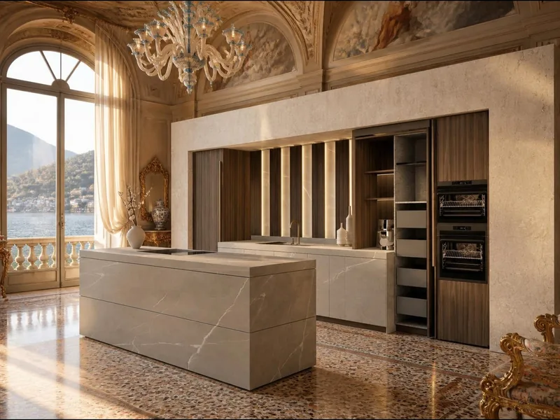 Cuisine Canaletto : colonnes et boiserie en noyer Canaletto grisé, lames de grès rétroéclairées, colonne-cellier à portes escamotables avec tiroirs intérieurs. Îlot monolithe et plan de travail en grès cérame gris veiné, évier taillé dans le grès. Électroménager en option.
