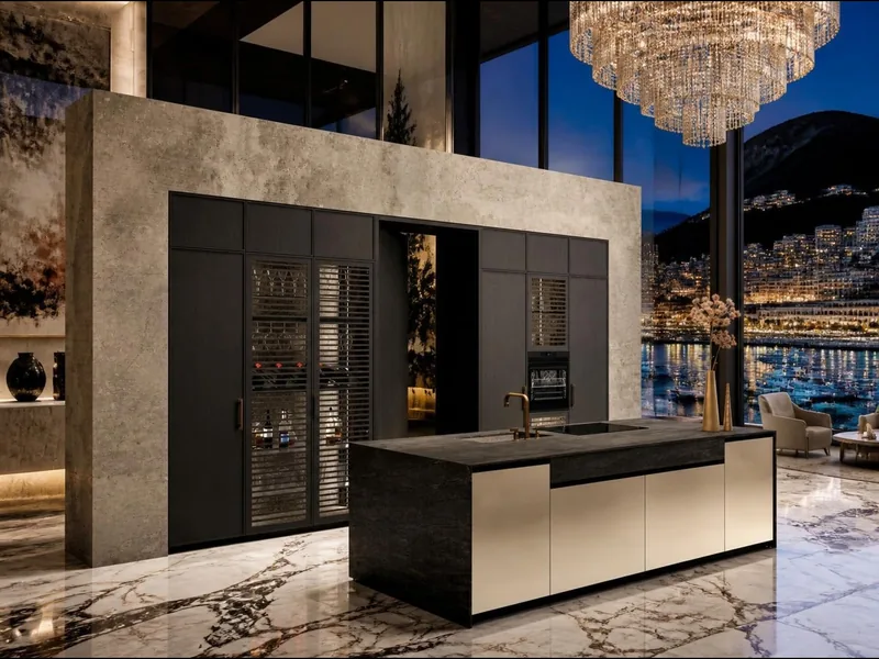 Cuisine Notturno : colonnes laquées mates à pores ouverts noir profond, portes persiennes vitrées avec cave à vin et verrerie éclairées, porte pivotante intégrée à la façade. Îlot laqué métal champagne, plan, chants et habillage en grès cérame noir flammé, évier taillé dans le grès. Électroménager en option.