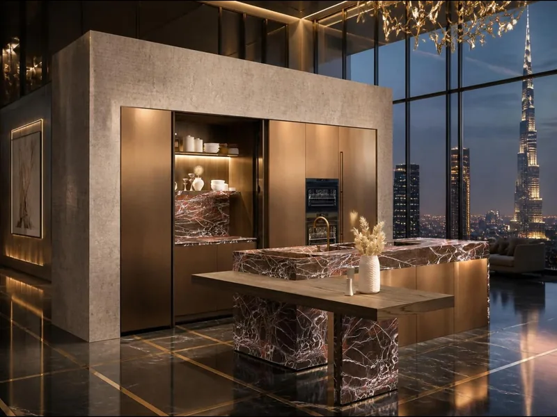 Cuisine Rubino : colonnes en aluminium bruni et chêne strié, niche escamotable éclairée. Îlot monolithe et plan en grès cérame rouge veiné brillant, table suspendue en chêne plaqué posée sur un pied en grès. Électroménager en option.