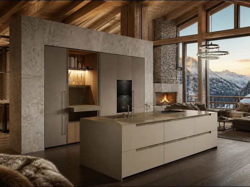 Cuisine Sahara : îlot laqué mat beige aux poignées incrustées de grès, colonnes laquées effet métal plomb, niche escamotable en noyer éclairée avec tablette extractible en grès. Plan de travail en grès cérame taupe veiné, évier taillé dans le grès. Électroménager en option.